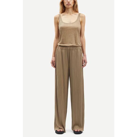 Samsoe Uma Trousers In Elmwood Pleated Wide Leg Pull On Style Gold Size Large - Picture 1 of 14